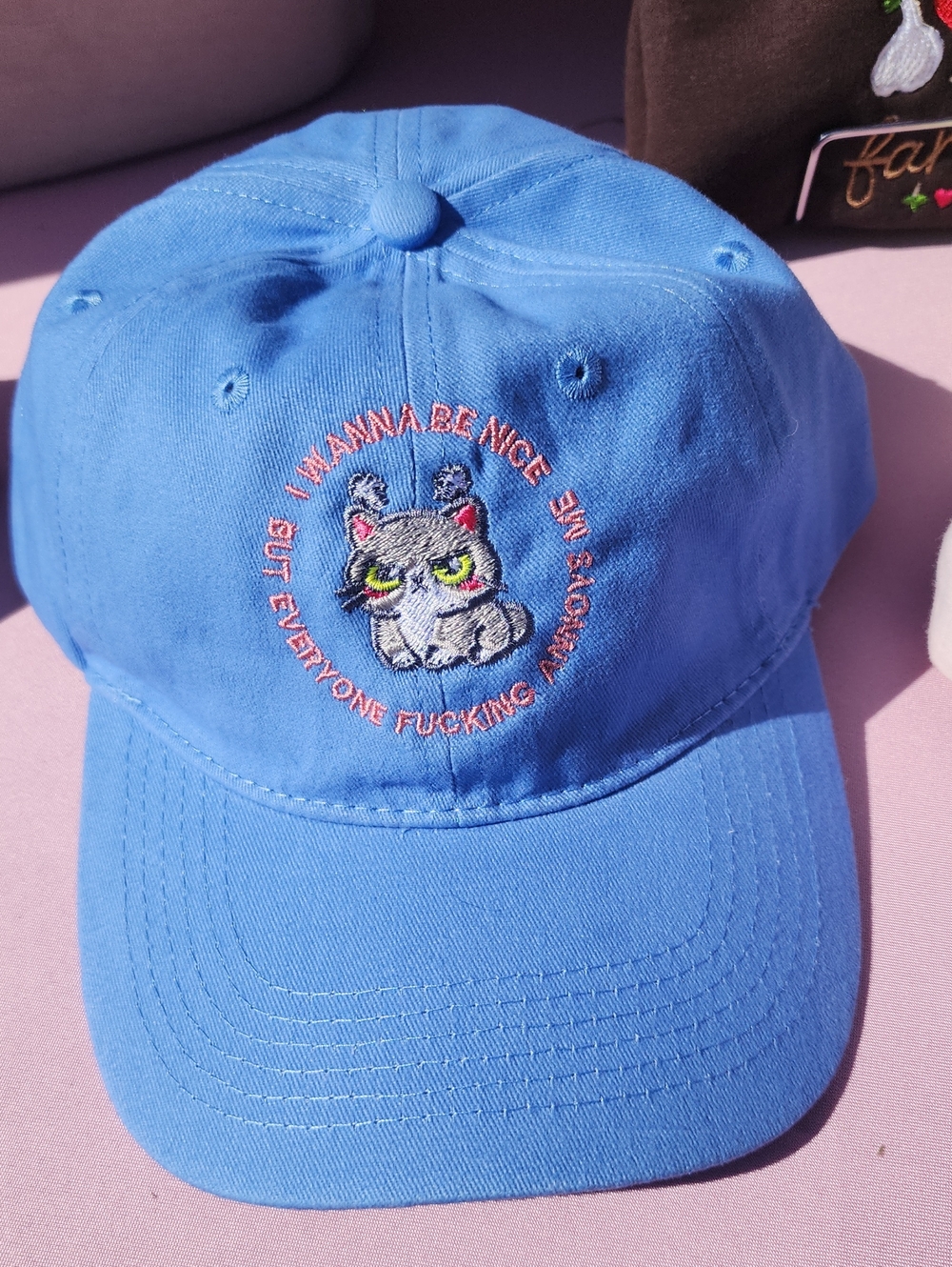 Blue Cat Embroidered Baseball Cap - Hey Cutie